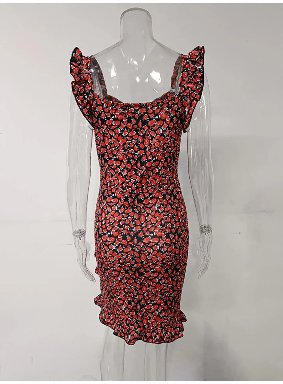 Summer Sexy Floral Bodycon Mini Dress Women 2024 Fashion Sleeveless Bandage Tunics Party Dresses Casual Red Ruffles Sundress