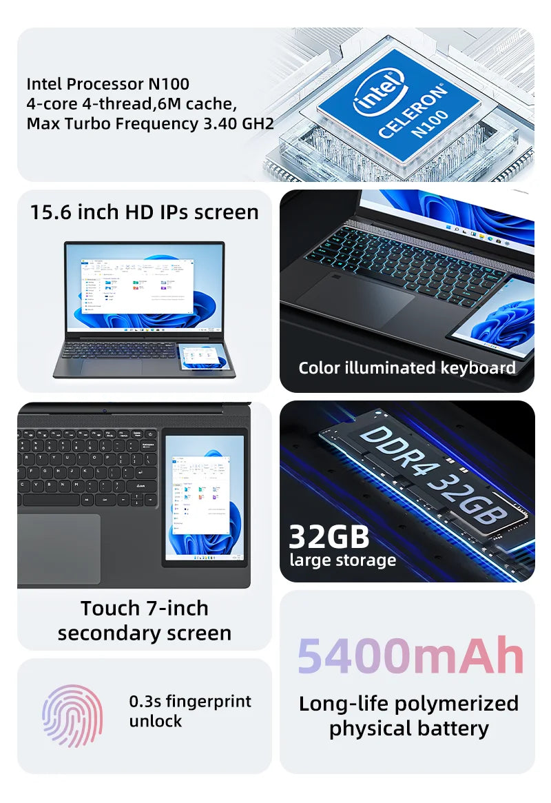 Dual Screen Laptop 32G DDR4 2TB SSD Gaming Laptops 15.6" IPS+7" Touch Screen Intel N100 Processor Windows11 Notebook Computer