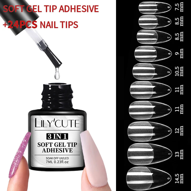 LILYCUTE 7ml 3 IN 1 Soft gel tips ADHESIVE Gel 24Pcs False Tips Extend Nails Function Gel Soak Off UV LED Nail Gel