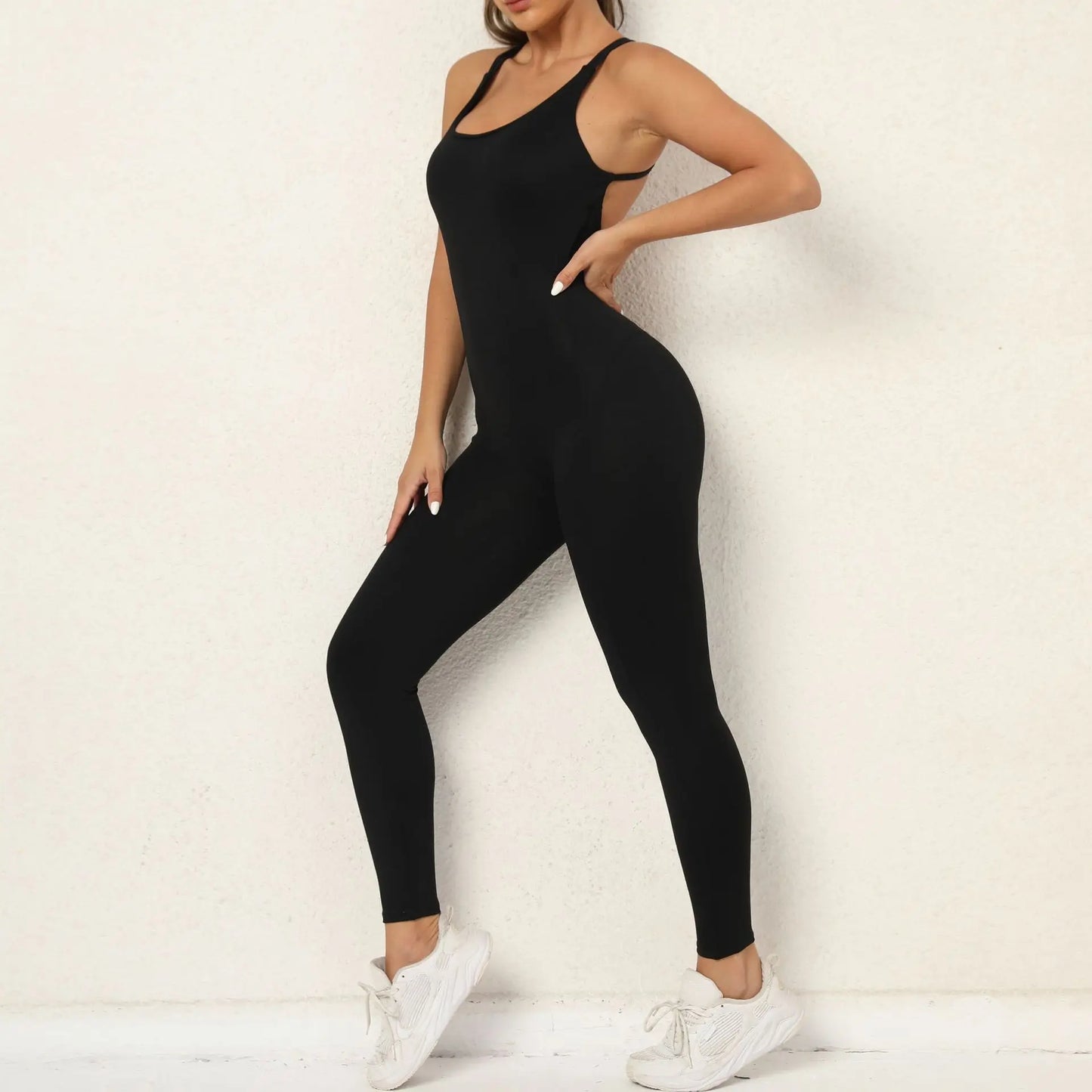 Sexy Backless Bodycon Scrunch Jumpsuit Raises Butt Women Dance Fitness Overalls for Women Sleeveless Yoga Sport Jump Suit Black