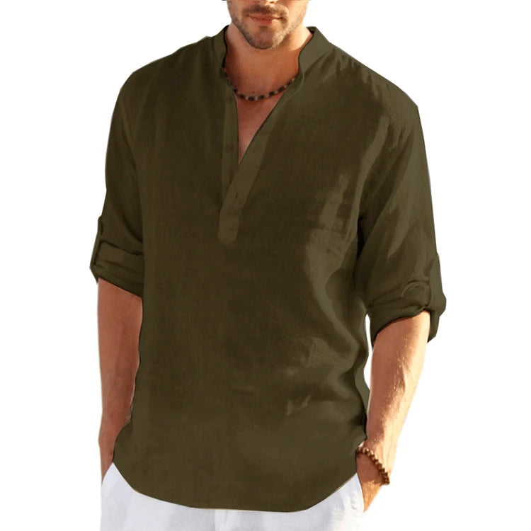 2023 New Men's Linen Long Sleeve T-Shirt Solid Color Loose Casual T-Shirt Long Sleeve Cotton Linen Shirt S-5XL