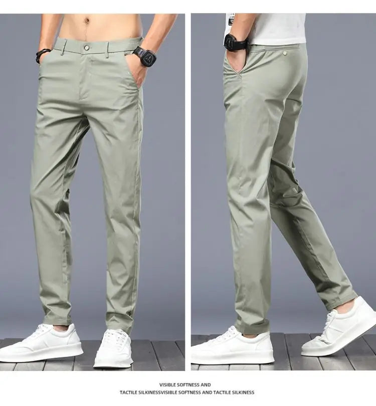 Men Ice Silk Casual Suit Pants Male Slim Fit Korean Style Blazer Pants Summer Thin Ankle Length Cropped Light Gray Trousers