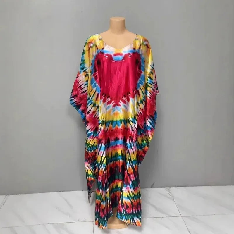 Comfortable plus Size Women's Dress Floral Print Loose Waist Long Skirt Batwing Sleeve V Neck Ankle Length Elegant Fashion