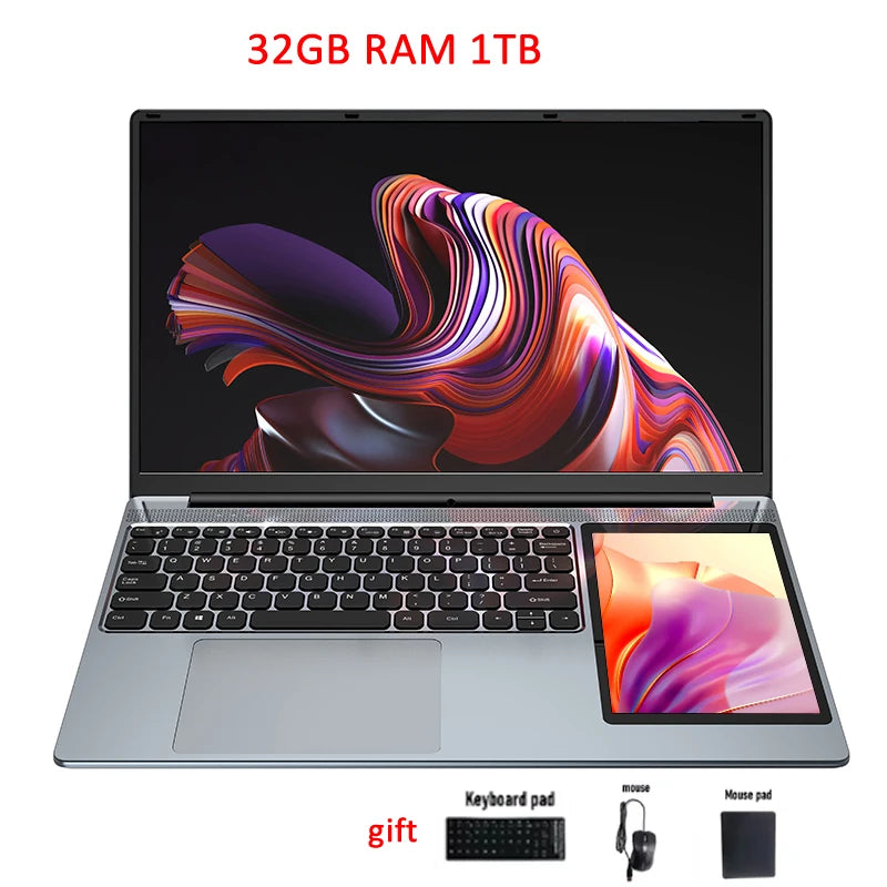 Dual Screen Laptop 32G DDR4 2TB SSD Gaming Laptops 15.6" IPS+7" Touch Screen Intel N100 Processor Windows11 Notebook Computer