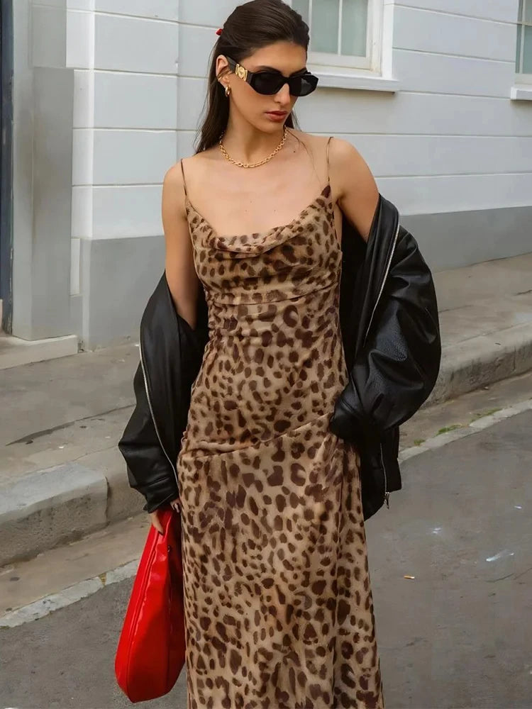 Mooyufon Leopard Print Dress Woman Summer Sexy Swing Collar Spaghetti Straps Backless Ruffles Party Clubwear Skinny Vestidos
