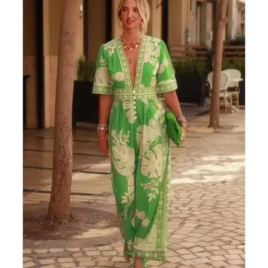 Sexy Deep V-neck Printed Women's Jumpsuit Summer New Style Simple Casual Loose Short-sleeved Elegant Female Office Rompers 2025