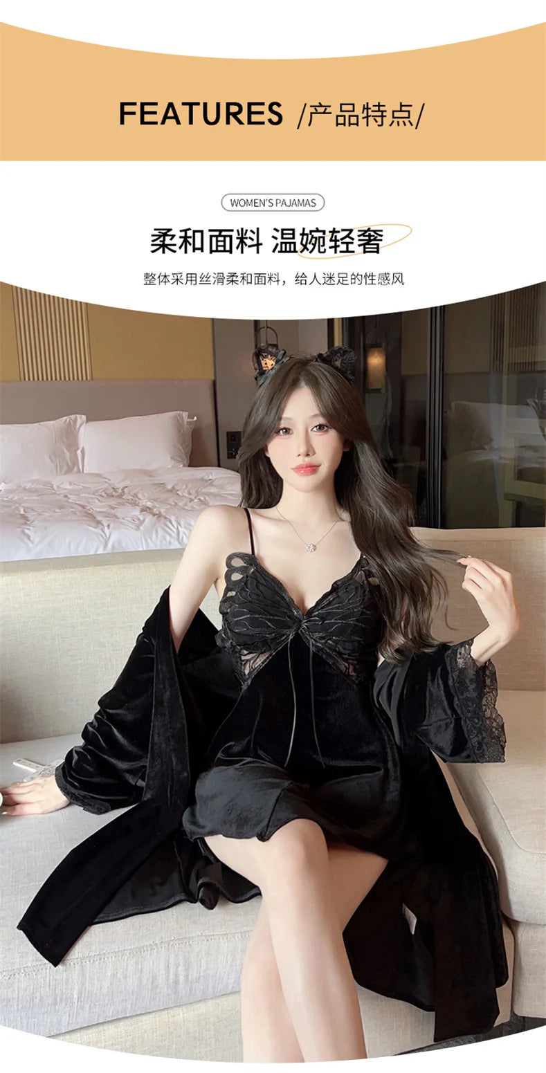Summer Sling Lace Women's Underwear Two-Pieces Set Satin Silk Sleepwear Butterfly Embroidery Backless Nightdress