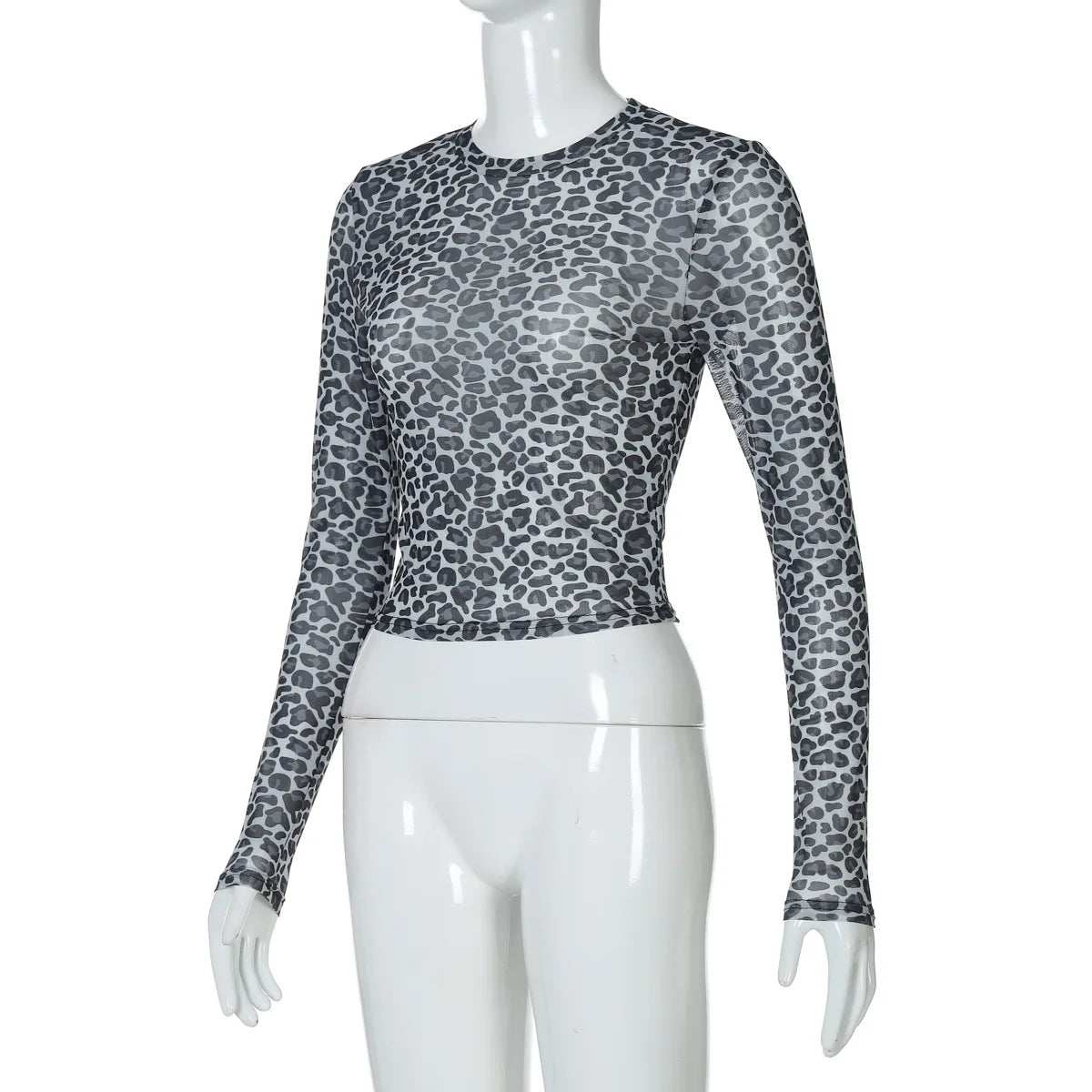 Ladies summer Leopard Print Clubwear Y2K Clothes Women Long Sleeve O-Neck Mesh See Through Slim T Shirt Holiday Streetwear Tees