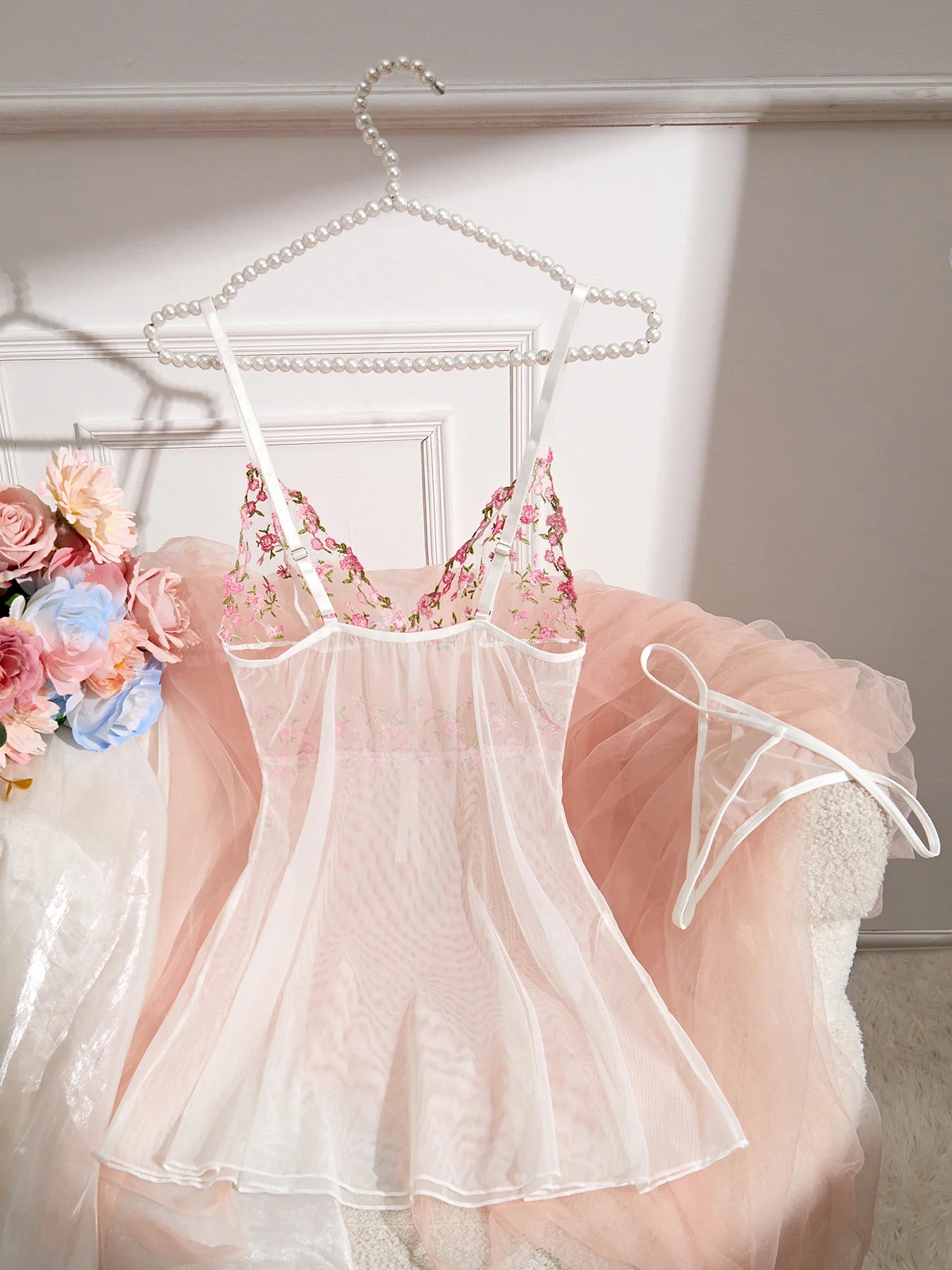 Lady Floral See Through Sexy Slip Dress Mesh Cute Girls Sexy Nightwear Sleep Nightdress Lingerie Dress Set