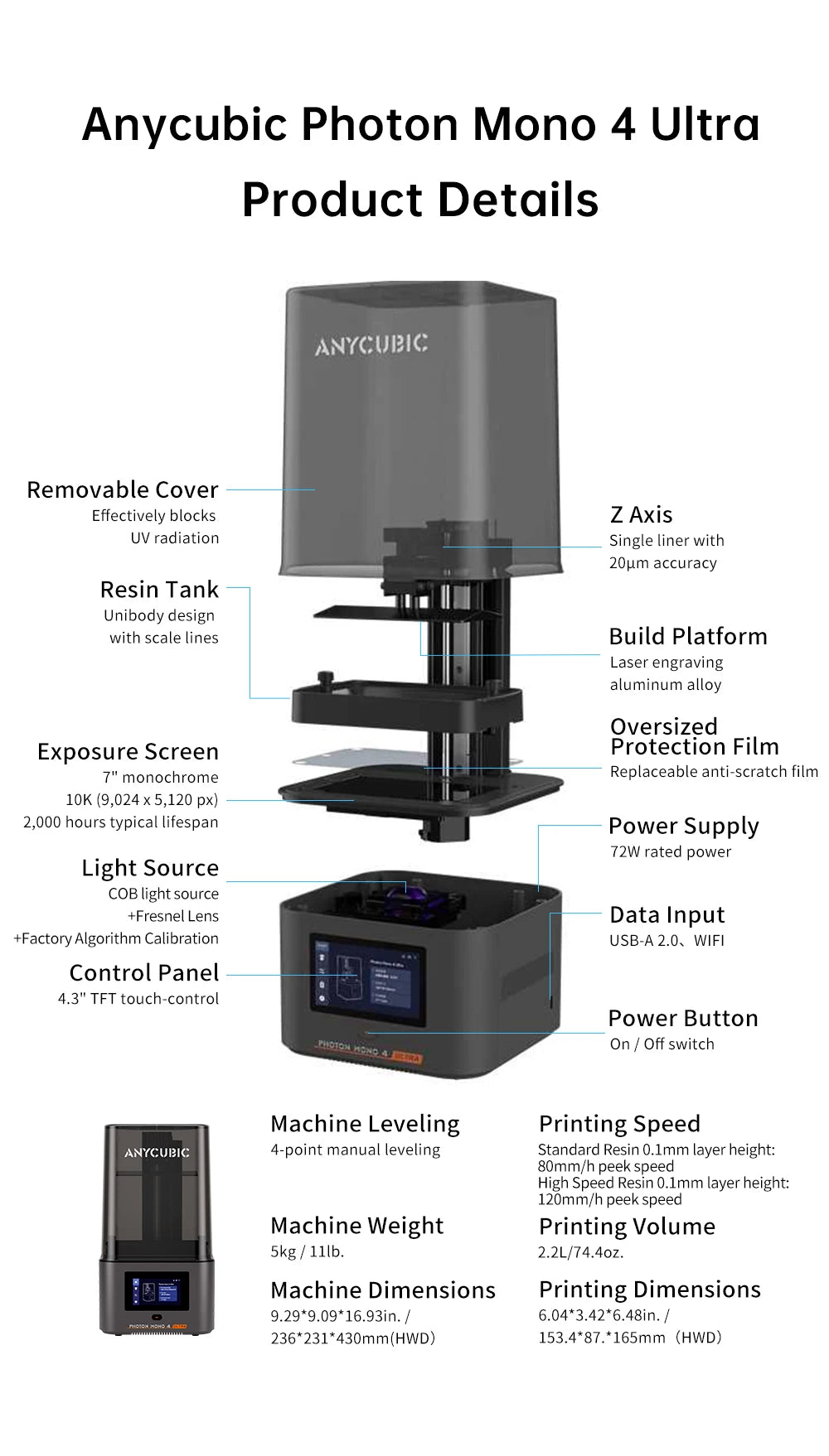 ANYCUBIC Photon Mono 4 Ultra V2 LCD 3D Printer 7" 10K UV Resin Printers High Speed 3D Printing Build Volume Size 153.4x87x165mm