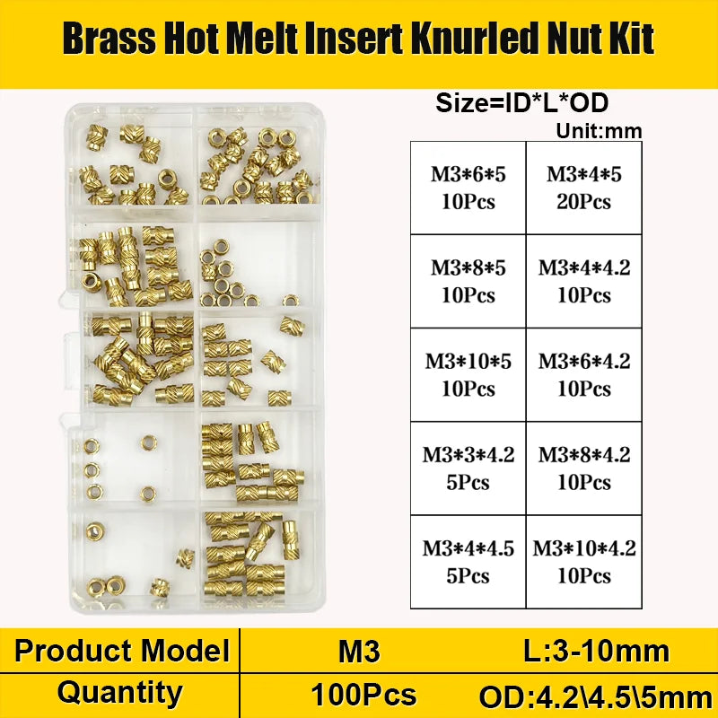 Brass Threaded Insert Nut Kit M2 M2.5 M3 M4 M5 M6 M8 Hot Melt Heat Knurled Embed Injection Copper Insertnut for 3D Print Plastic