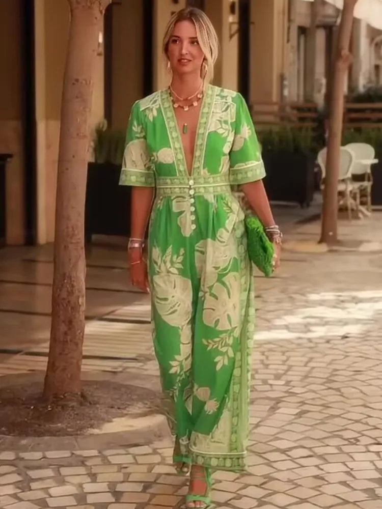 Sexy Deep V-neck Printed Women's Jumpsuit Summer New Style Simple Casual Loose Short-sleeved Elegant Female Office Rompers 2025