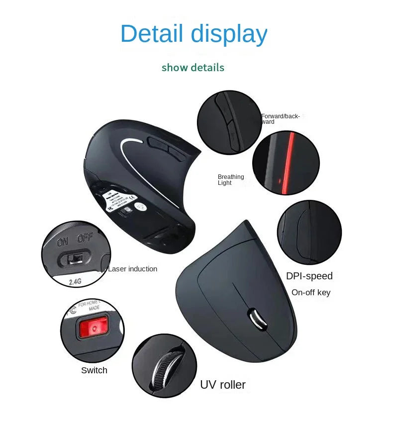 Original ihoyi Wireless Mouse Vertical Wired USB Mouse Ergonomic Luminous 2.4G Mute Photoelectric Bluetooth Game Mouse