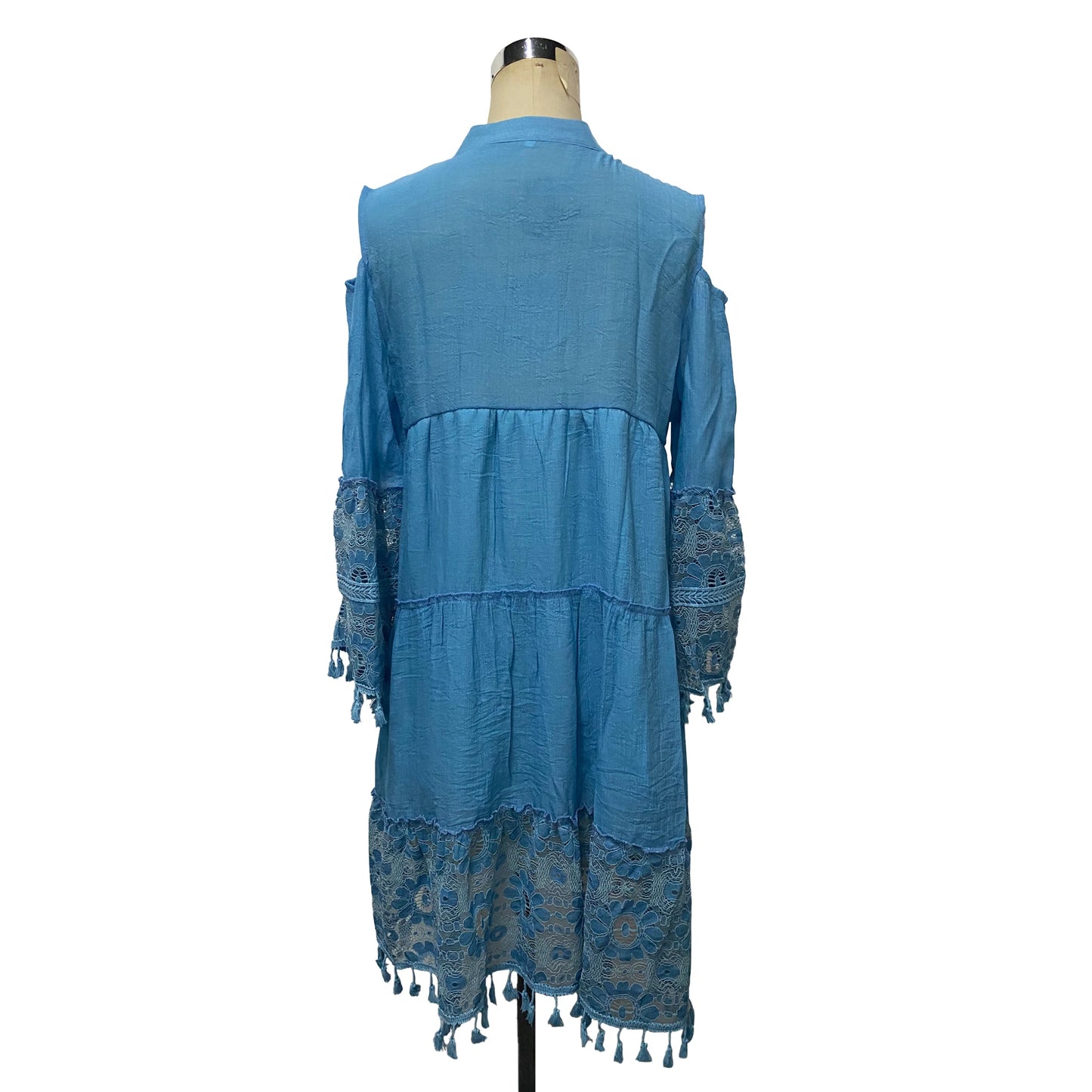 New Spring Embroidery Crochet Lace Boho Dress Women Elegant Off Shoulder Tassel Ruffle Mini Dress Summer V Neck Lady Beach Dress