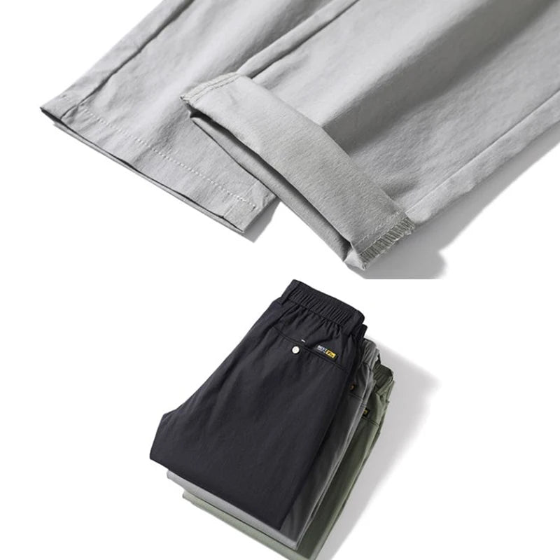 Men Ice Silk Casual Suit Pants Male Slim Fit Korean Style Blazer Pants Summer Thin Ankle Length Cropped Light Gray Trousers
