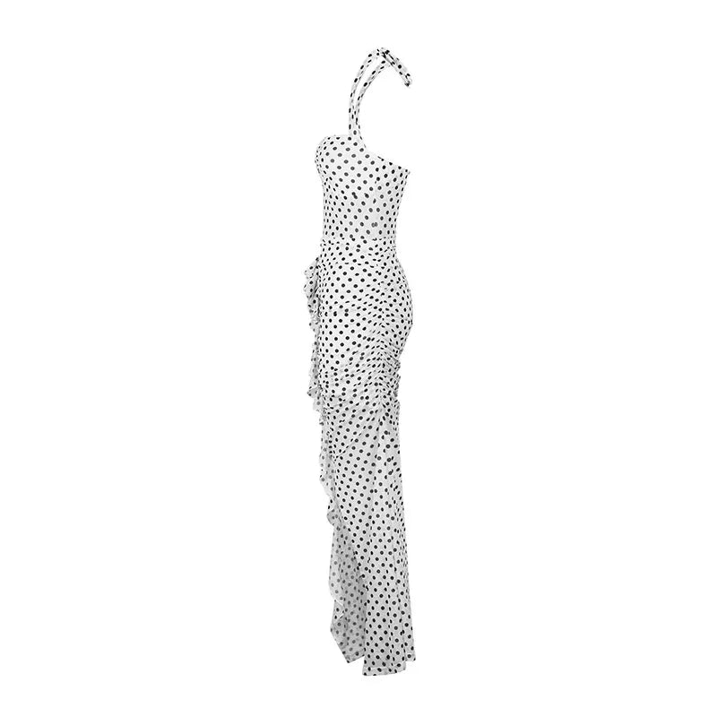 Women Maxi Dresses Summer New Streetwear Fashion Print Halter Split Casual Slim Dress Sexy Backless Low Chest V-Neck Lady Dress