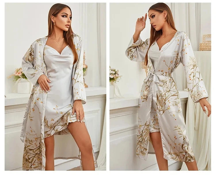 Print Twinset Robe Suit Womens Satin Chemise Nightgown Kimono Bathrobe Gown Set Summer Sexy Loungewear V-Neck Sleepwear