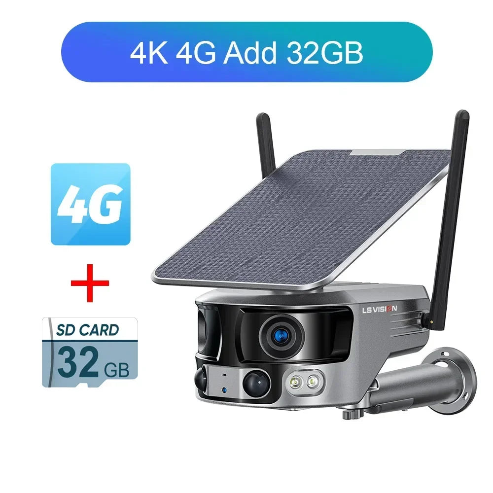 LS VISION 8MP 4G Solar Security Camera Outdoor WIFI 180° Ultra Wide View Angle 4X Zoom Dual Lens PIR Human Detection CCTV Camera