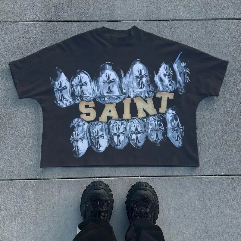 Y2K vintage men t shirts gothic print pattern Streetwear oversized t shirt Hip Hop men women Harajuku Punk Cotton Loose t shirt