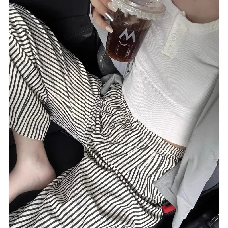 Pajama Pants Striped Spring Summer Long Premium Feeling Home Pants Student Straight Pants Elastic Waist Women Sleeping Pants