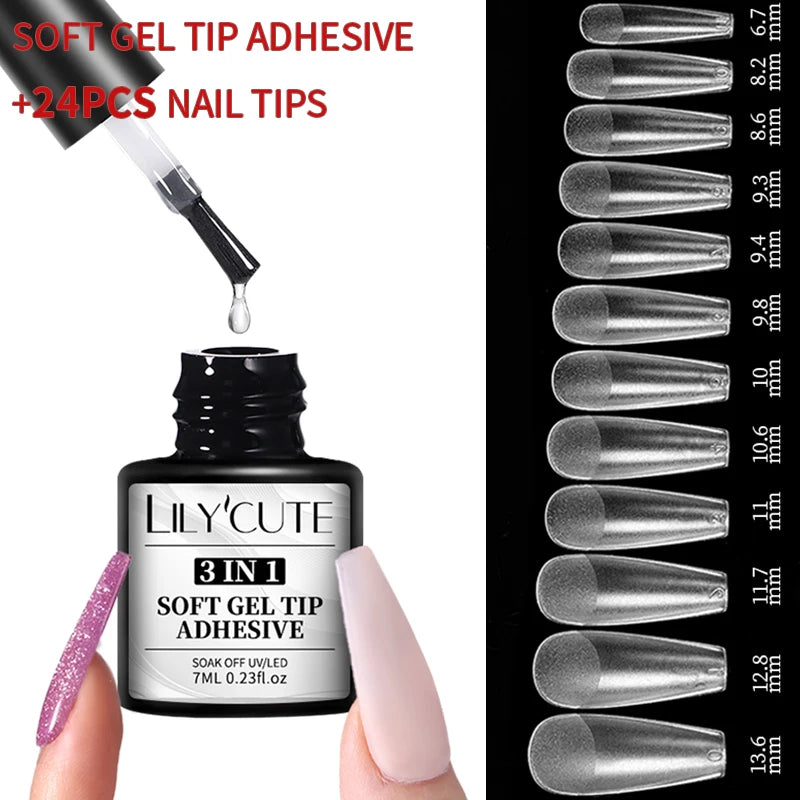 LILYCUTE 7ml 3 IN 1 Soft gel tips ADHESIVE Gel 24Pcs False Tips Extend Nails Function Gel Soak Off UV LED Nail Gel