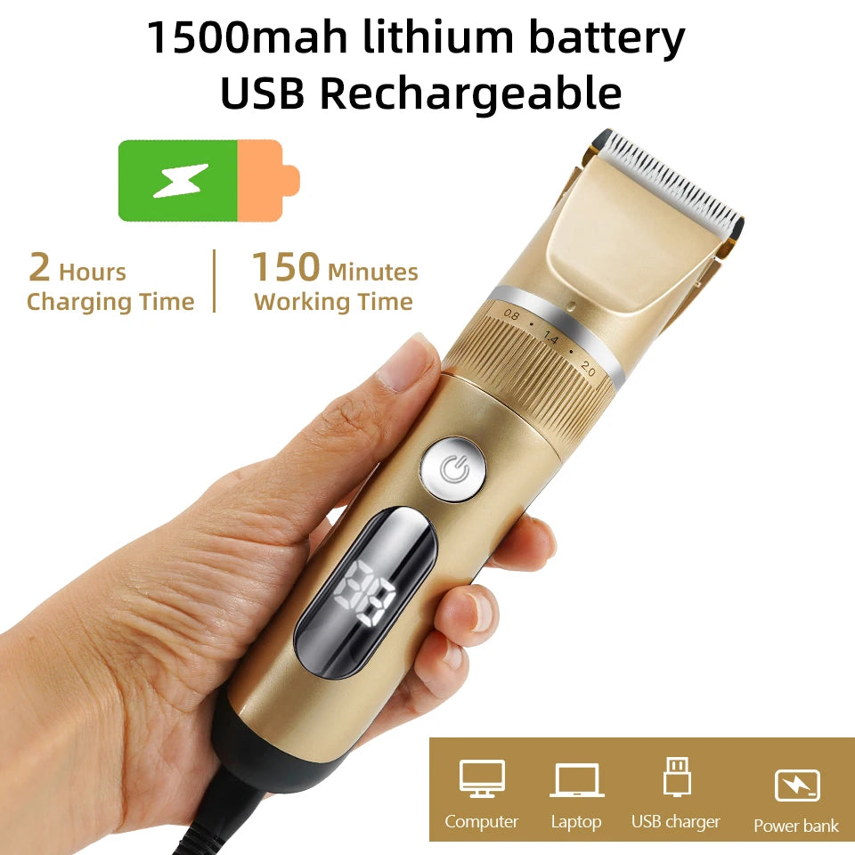 Professional Hair Clipper Electric Men's Trimmer Rechargeable Hair Cutting Machine LCD Display Head Trimmer 2 Gears