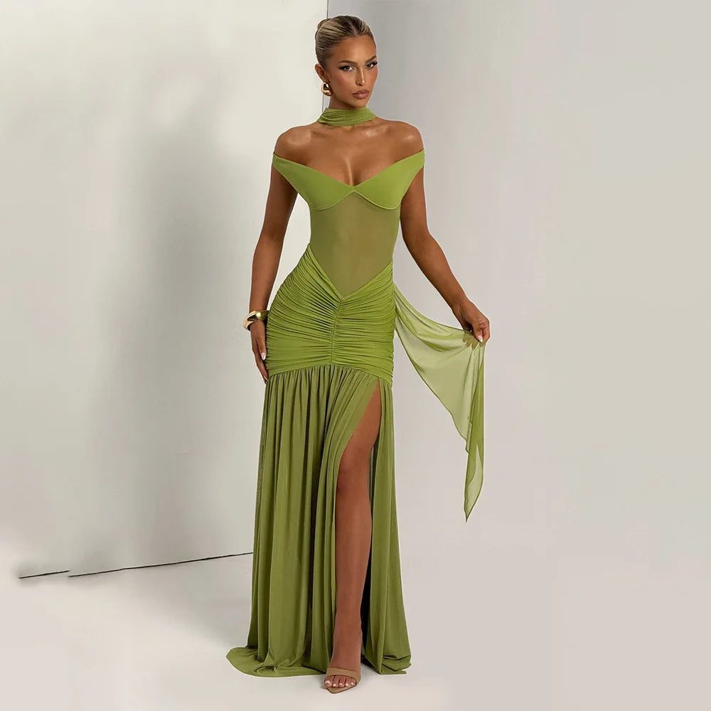 Ladies Summer Elegant Evening Party Dress Women Sleeveless Backless Side Slit Mesh Long Dresses Woman Clothes Birthday Clubwear