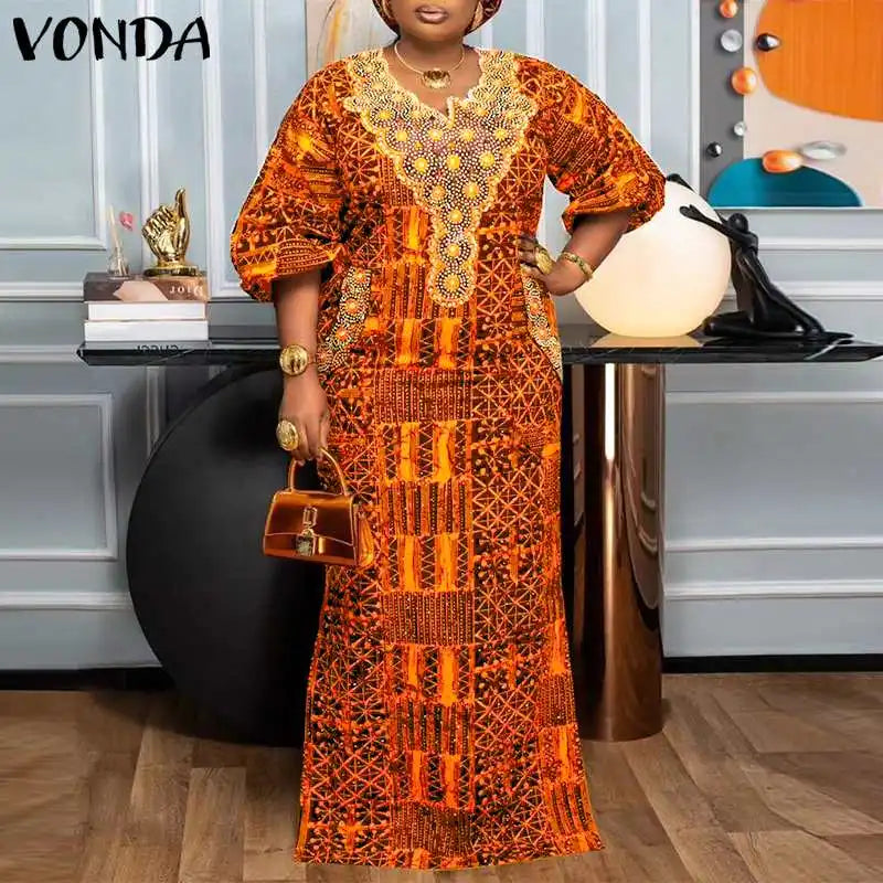 Plus Size 5XL VONDA Bohemian Summer Women Long Dress Printed Sundress Fashion Puff Sleeve V Neek Loose Casual Vestidos Robe