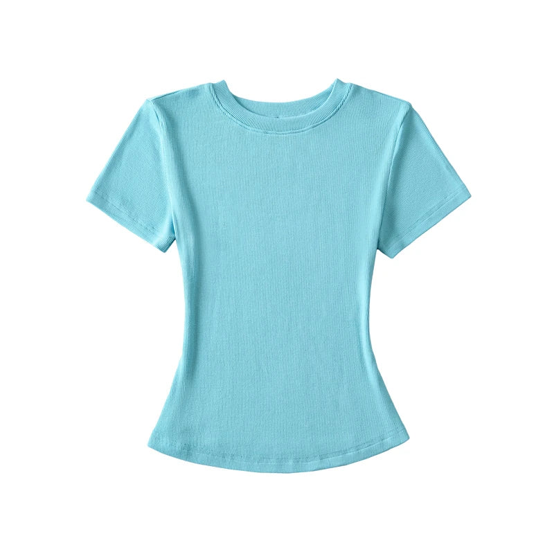 LUNDUNSHIJIA 2024 Summer Sexy Women Basic O-neck Short Sleeve T-shirt Ladies Slim Elasticity Cotton Tee Tops 12 Colors
