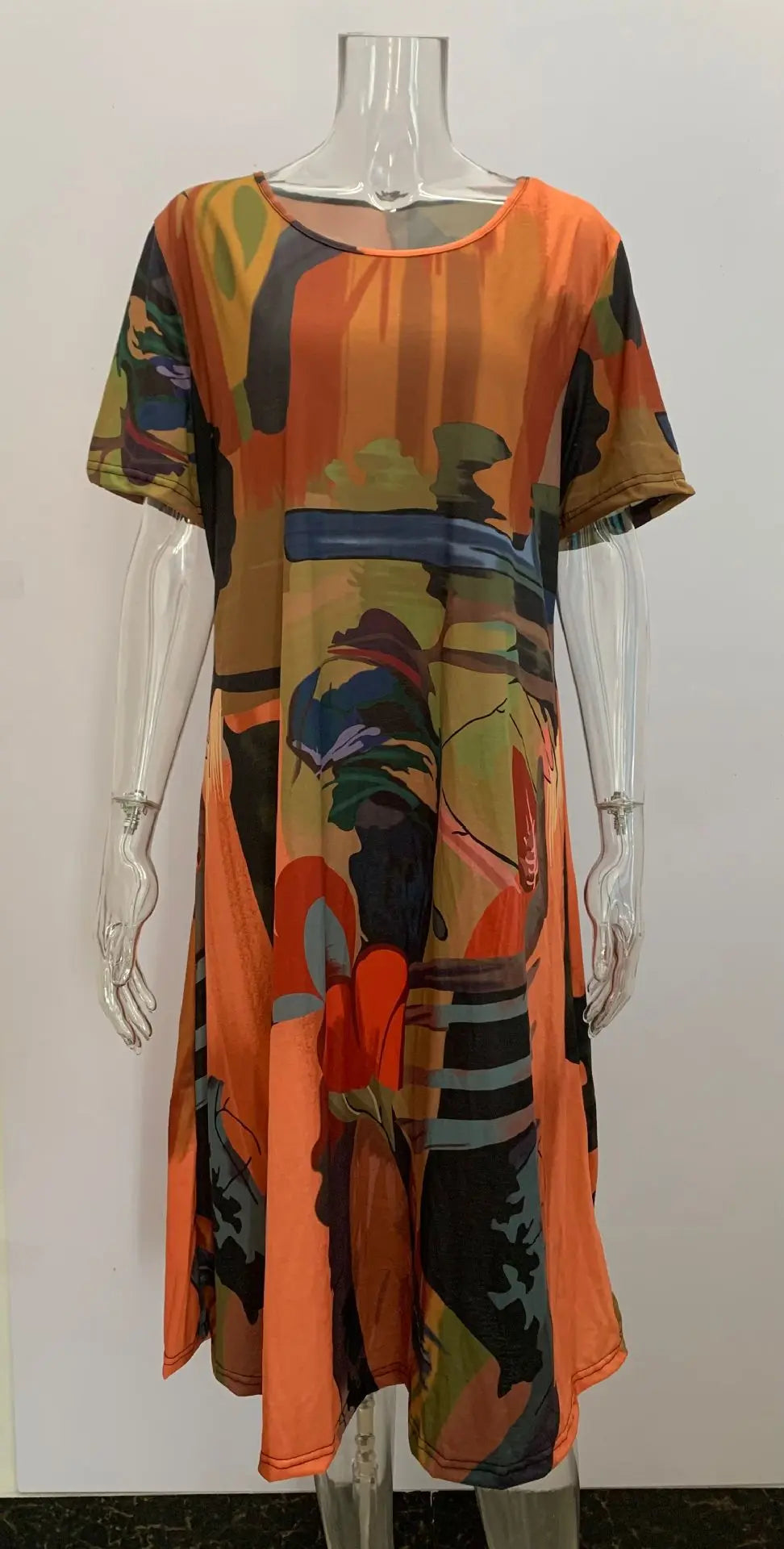 Plus size European and American cross-border summer dress casual short sleeve round neck print loose dress