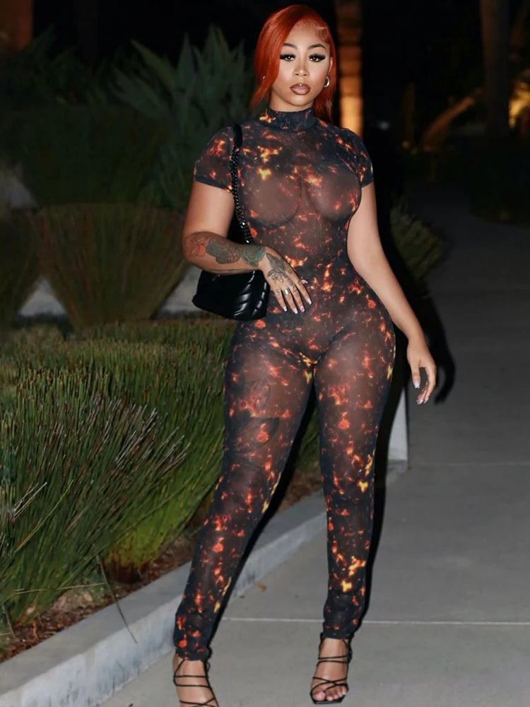 Nibber Colorful Print Jumpsuit Women Mesh  See Through Coquette Summer Backless Peach Buttocks Tight Activity Clubwear Overalls