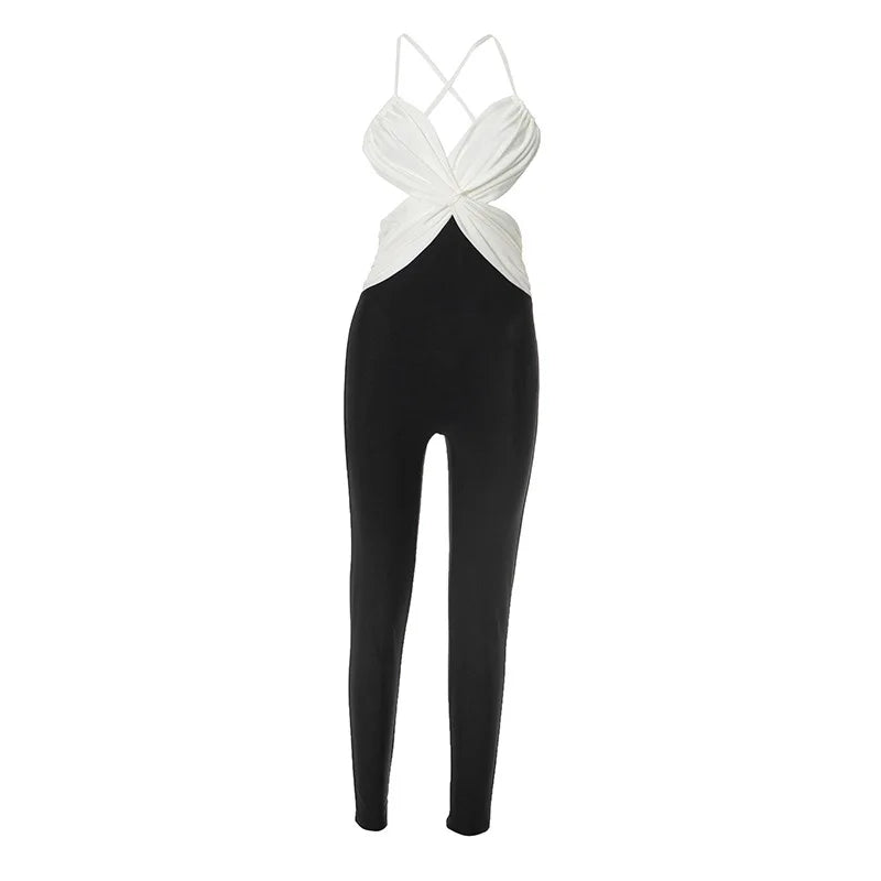Shestyle Backless Sleeveless Jumpsuits for Women Chest Wrapping V Neck Cross Panelled Bodycon Work Out Fitness Outfits Summer
