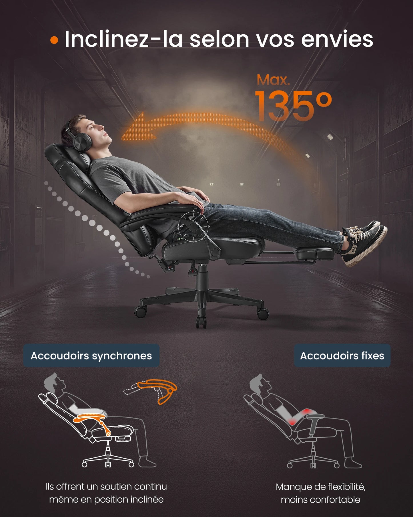 HOME Fauteuil Gaming, Chaise de Bureau Ergonomique avec Repose-Pieds, Chaise Gamer avec Appui-tête, PU, Hauteur Réglable, Noir