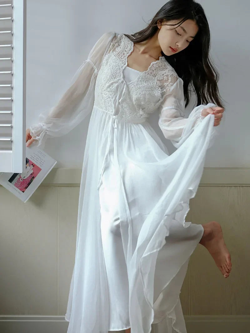 Princess Fairy Night Dress Robe French Morning Gown Lace Mesh Ruffles Vintage Sexy Two-piece Nightgown Female Spring Summer