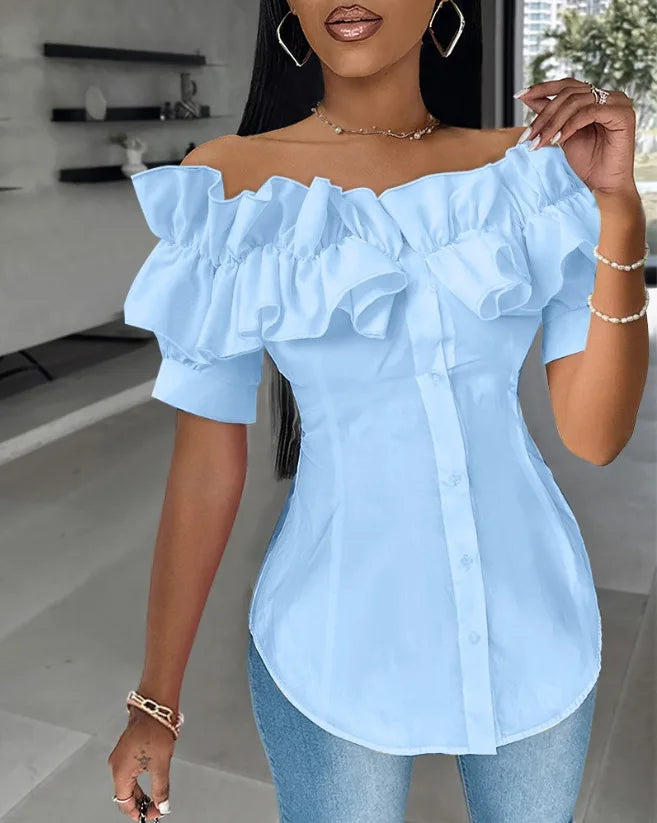 Sexy One-piece Collar Slim White Shirt And Blouses Women's Summer Short Sleeve Fashion Ruffle Button Cardigan Female Shirts Top