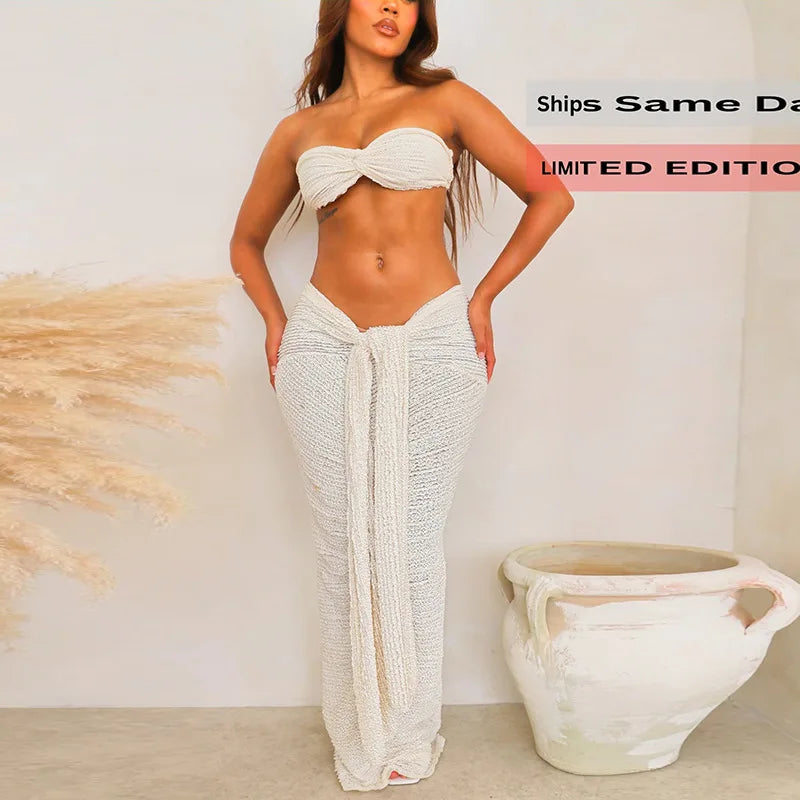 Ladies Autumn 2 Pieces Vacation Streetwear Skirt Set Women Sleeveless Backless Tube Crop Top Maxi Dress Clubwear Fall Outfits
