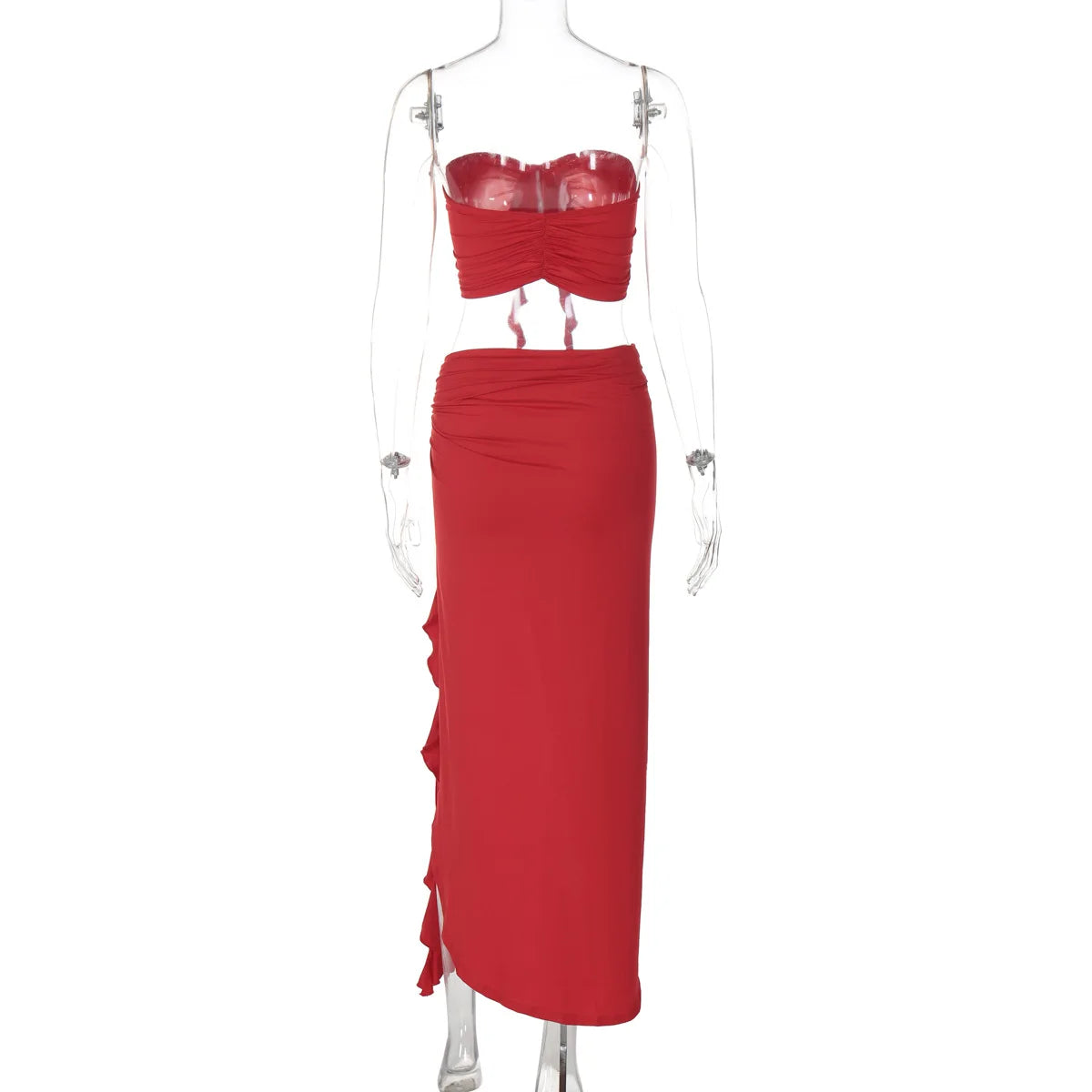 Ladies Matching Suit Applique Strapless Ruched Crop Top Ruffles Split Midi Dress Set Women Summer Party Club Y2K Fashion Outfits