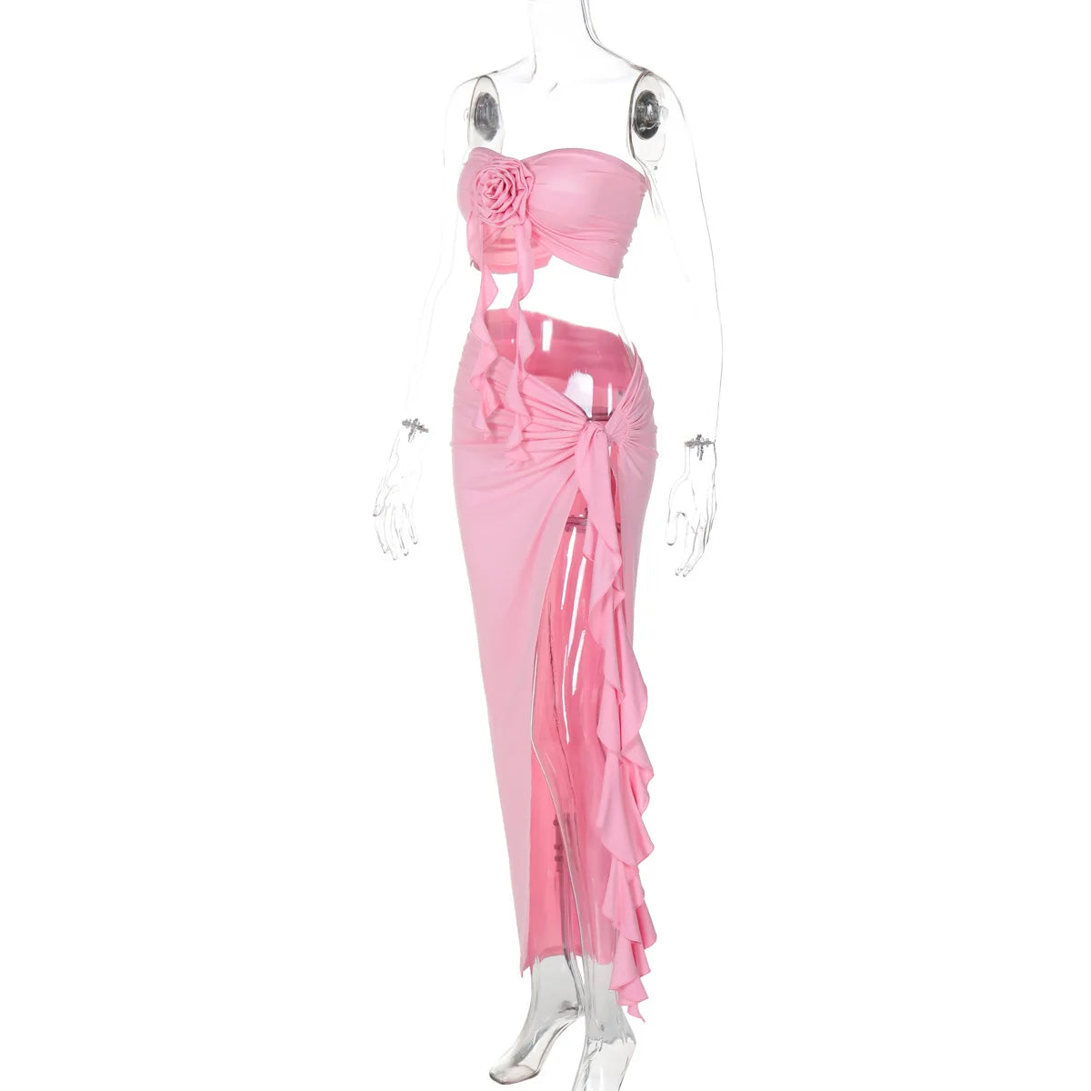 Ladies Matching Suit Applique Strapless Ruched Crop Top Ruffles Split Midi Dress Set Women Summer Party Club Y2K Fashion Outfits