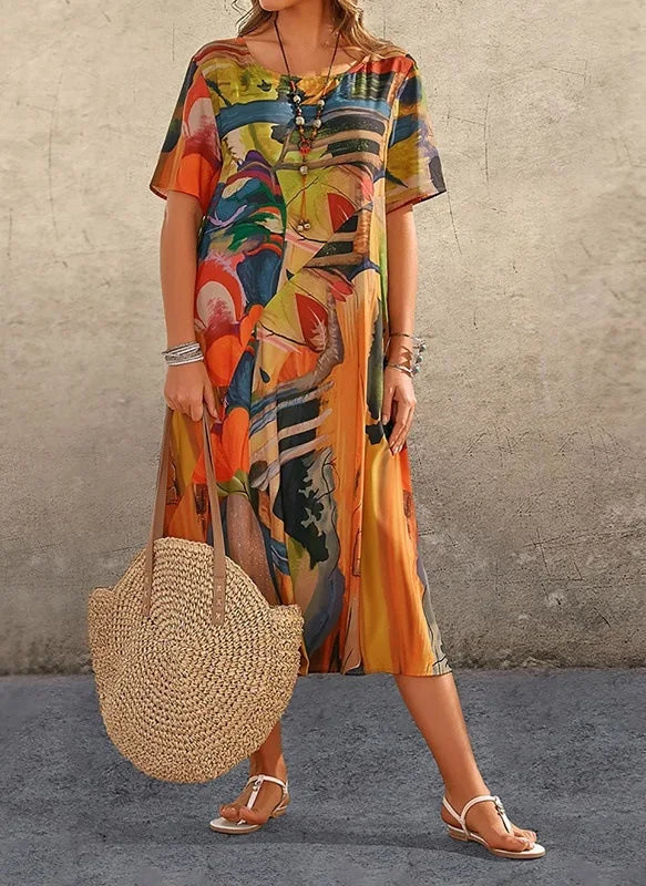 Plus size European and American cross-border summer dress casual short sleeve round neck print loose dress
