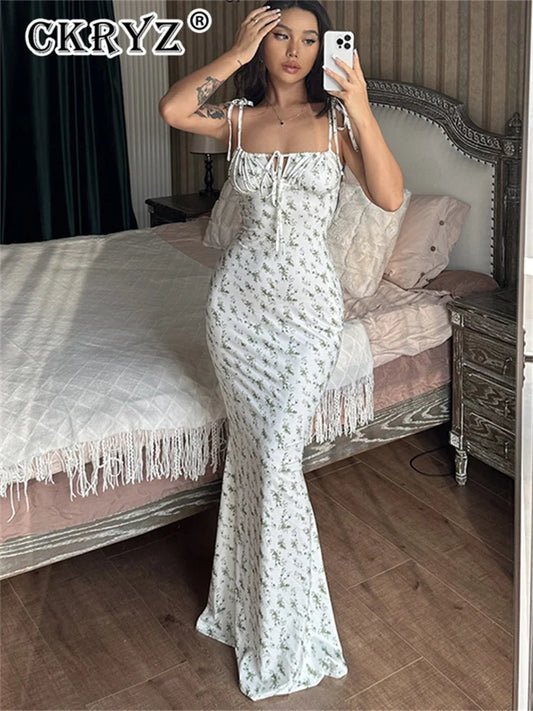 Ladies Summer Floral Print New Fashion Evening Party Dress Sleeveless Backless Sexy Long Dresses Woman Clothes Birthday Clubwear