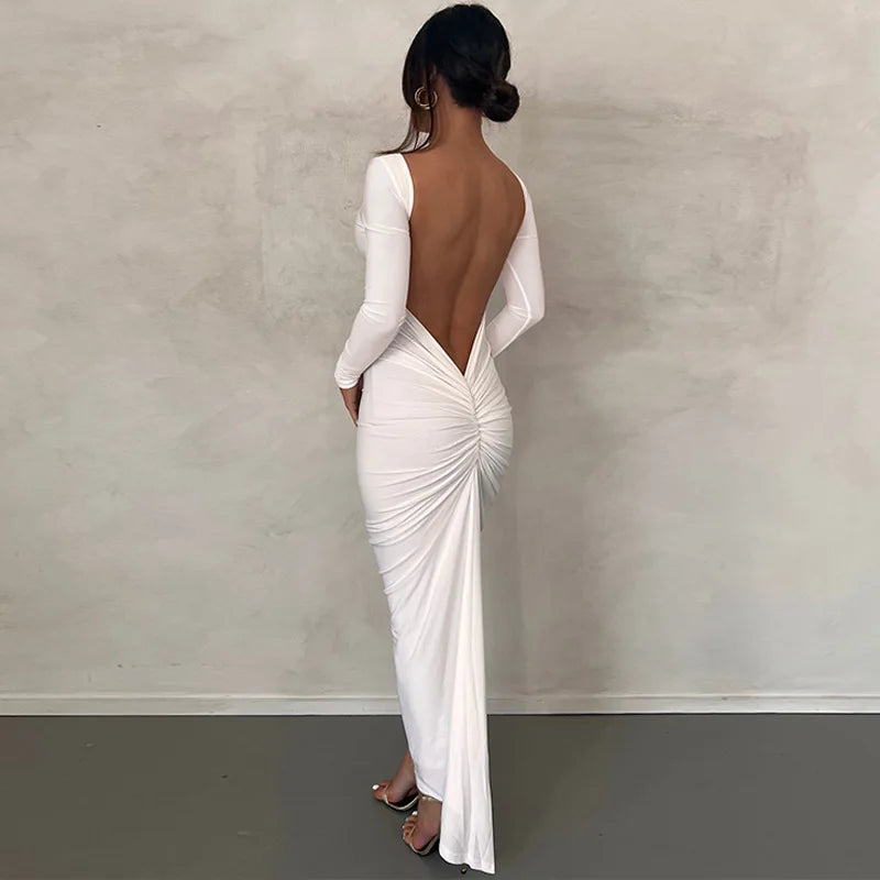 Ladies Autumn Elegant Evening Party Dress Women Long Sleeve Backless Ruched Fashion Long Dresses Woman Clothes Birthday Clubwear