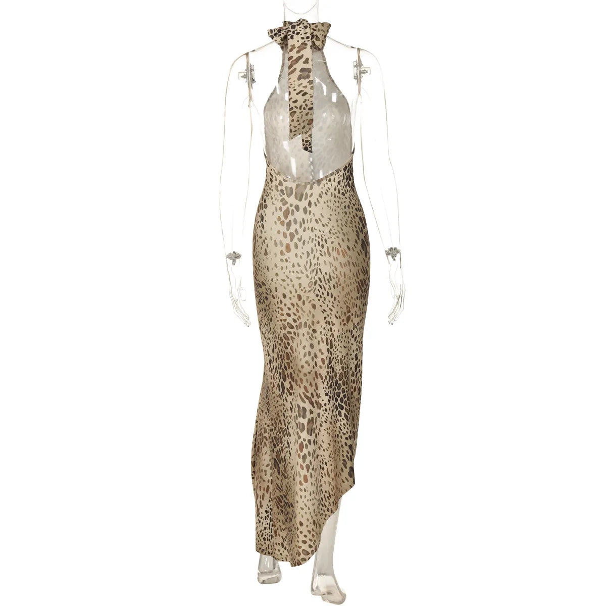 Ladies Summer Leopard Print New Fashion Evening Party Dress Women Sleeveless Backless Halter Midi Dresses Woman Clothes Clubwear
