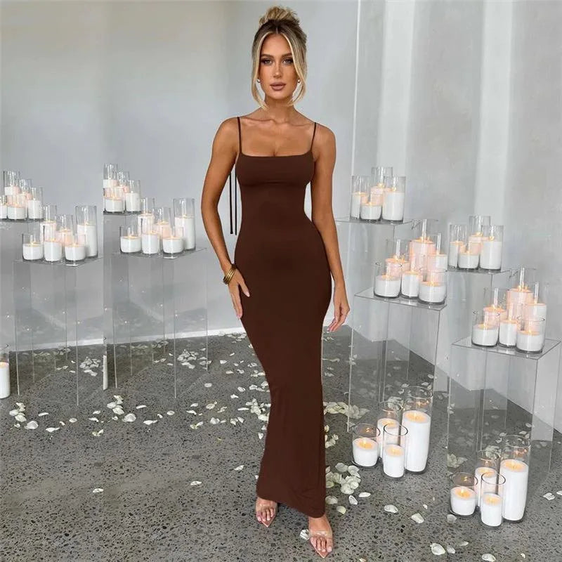 2024 Summer Dresses For Women Backless Sexy Spaghetti Halter Strap Slim Fit Strap Black Long Dress Y2k Sleeveless Skinny Bodycon