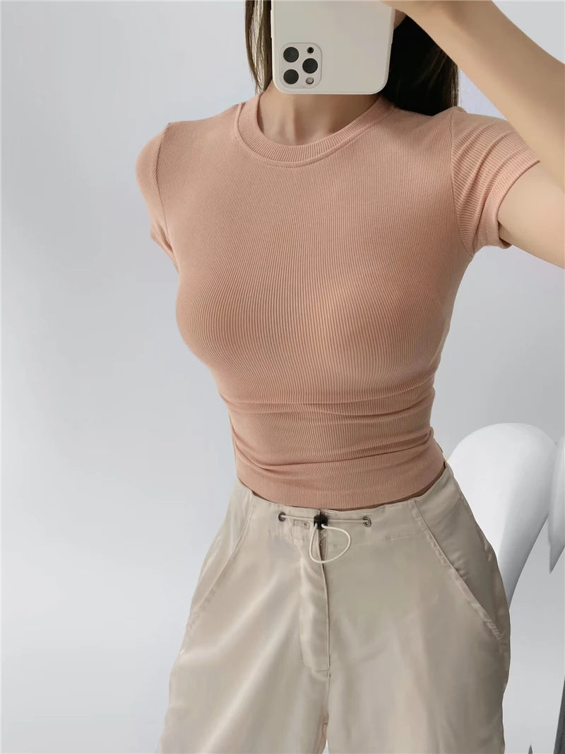 LUNDUNSHIJIA 2024 Summer Sexy Women Basic O-neck Short Sleeve T-shirt Ladies Slim Elasticity Cotton Tee Tops 12 Colors