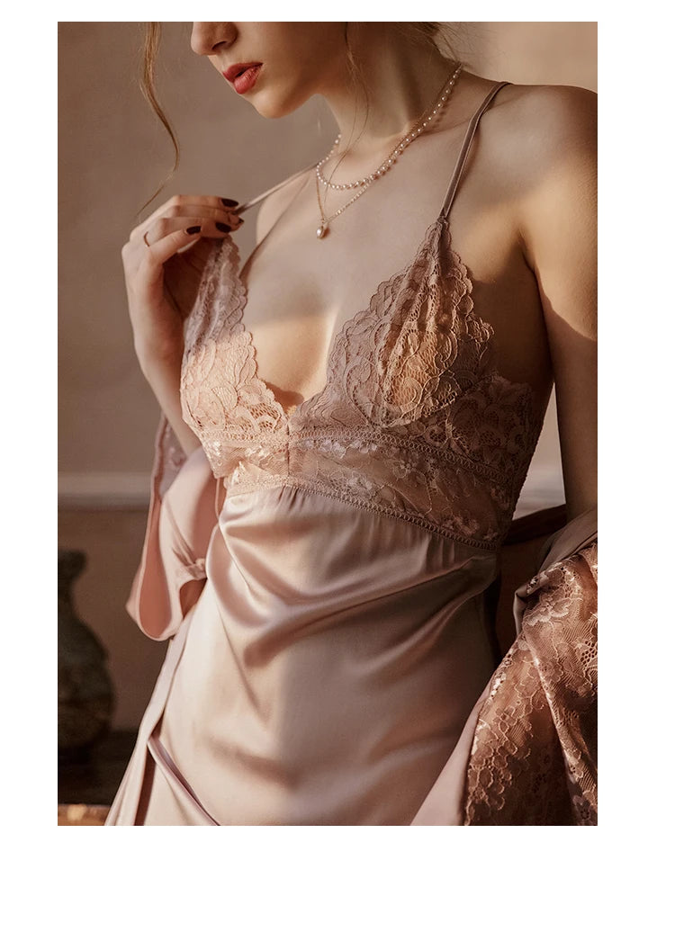 with Chest Pad Sleepwear Dress Backless Strap Nightgowns Lace Hot Temptation Vintage Nightgowns V-neck Nightwear Silk Homewear
