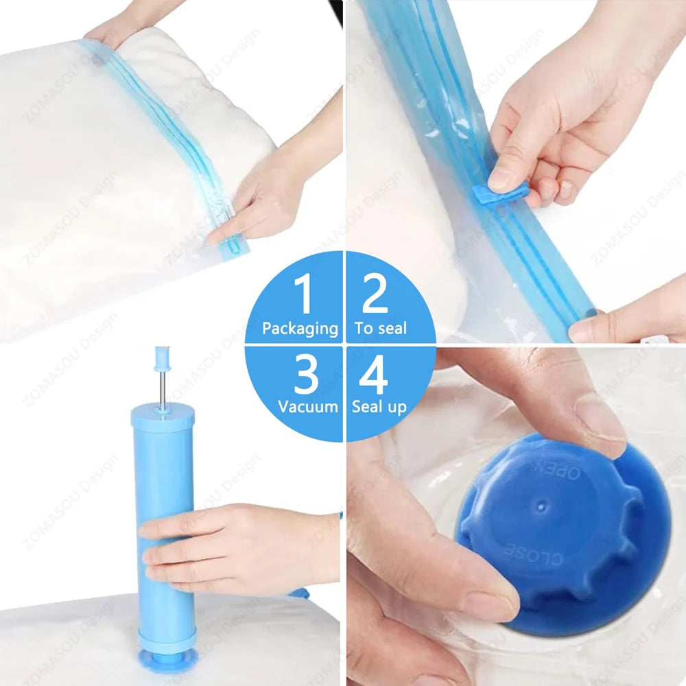 1-24Pcs Reusable Vacuum Storage Sealing Bags with Hand Pump Clear Folding Compressed Space Saving Vacuum Bag for Clothes Travel