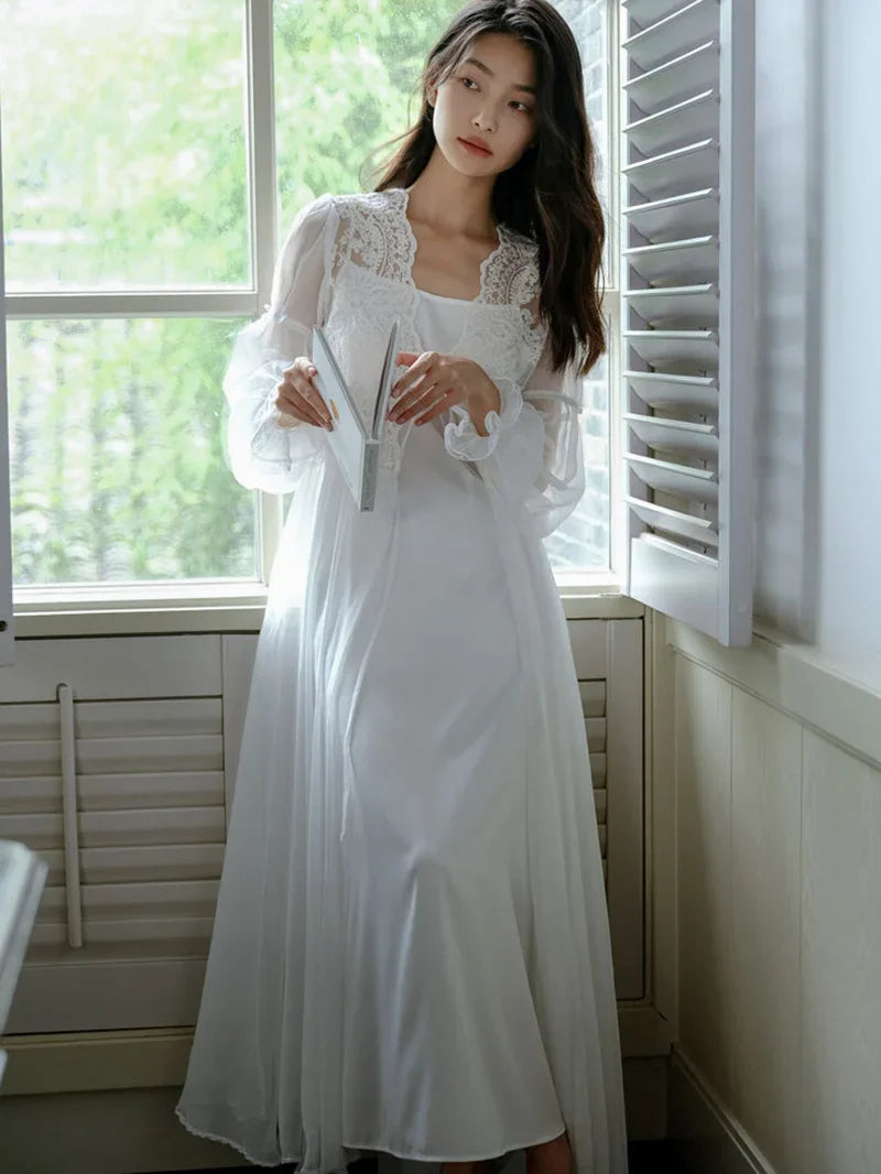 Princess Fairy Night Dress Robe French Morning Gown Lace Mesh Ruffles Vintage Sexy Two-piece Nightgown Female Spring Summer