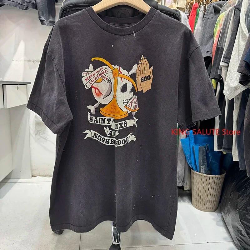 25SS Saint Cartoon Style Female Warrior Graphic T Shirts Street Fashion Men Short Sleeve