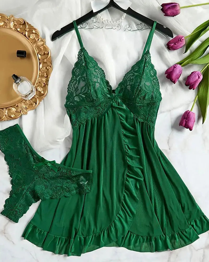 Soft Sheer Nighty Pajamas Hotselling Nightgowns Dark Green Halter Dress Women Sleepwear Sexy Bra Plus Size Nightdress Thong Sets