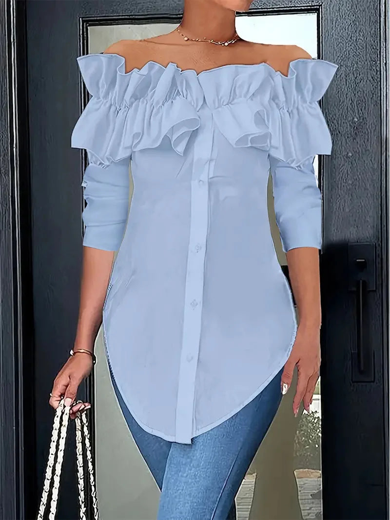Sexy One-piece Collar Slim White Shirt And Blouses Women's Summer Short Sleeve Fashion Ruffle Button Cardigan Female Shirts Top
